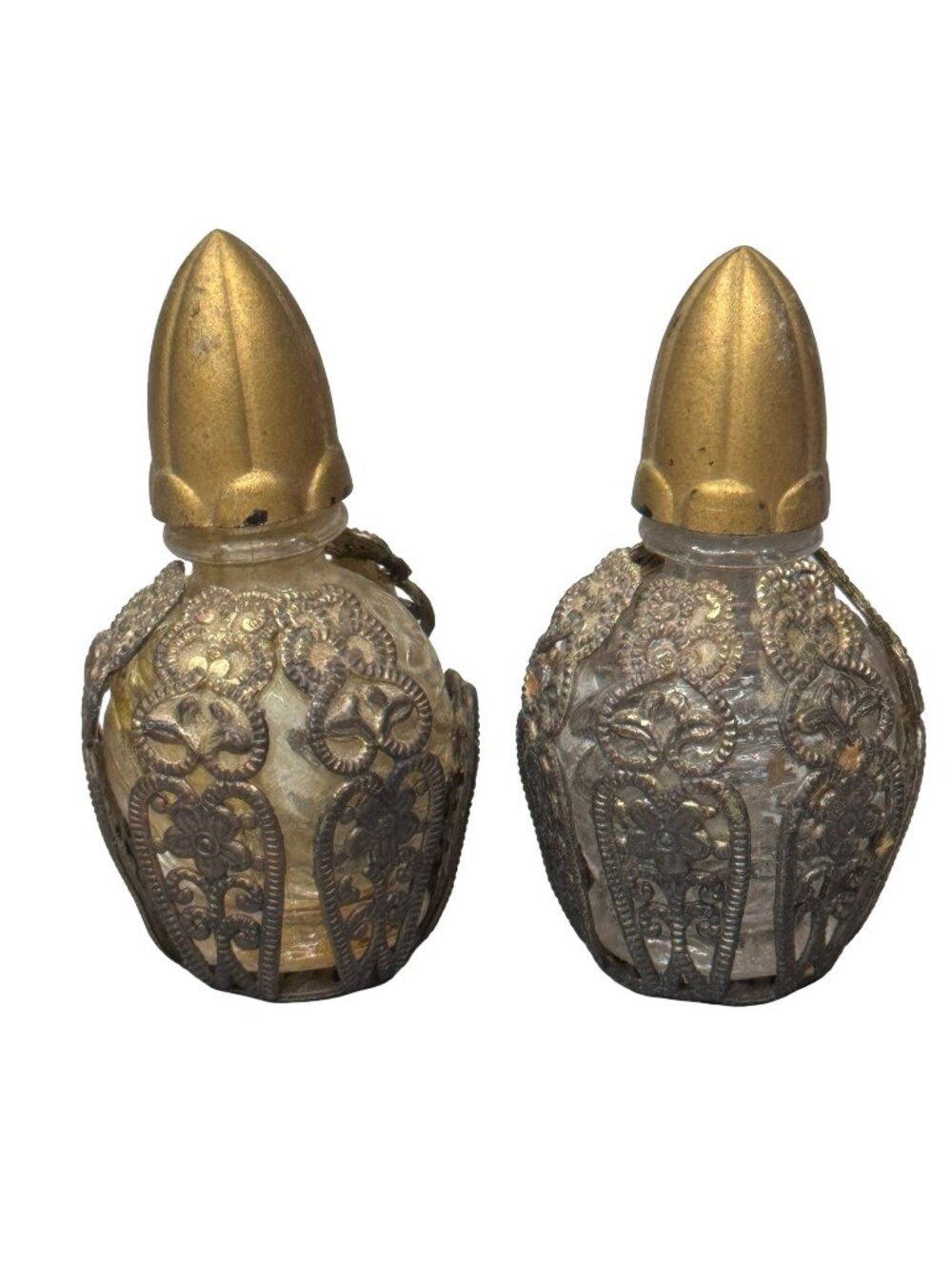 Antique Perfume Bottle Miniature Glass Filigree Metal Glass Applicator Lot of 2